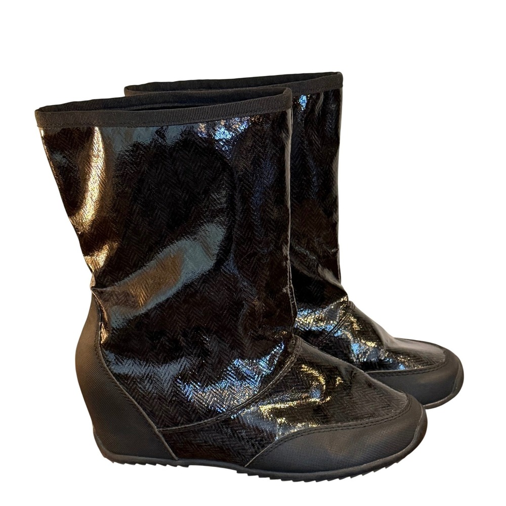 Sporto Sarah Black Herringbone Patent Wedge Faux Fur Lined Boots Womens 7.5M